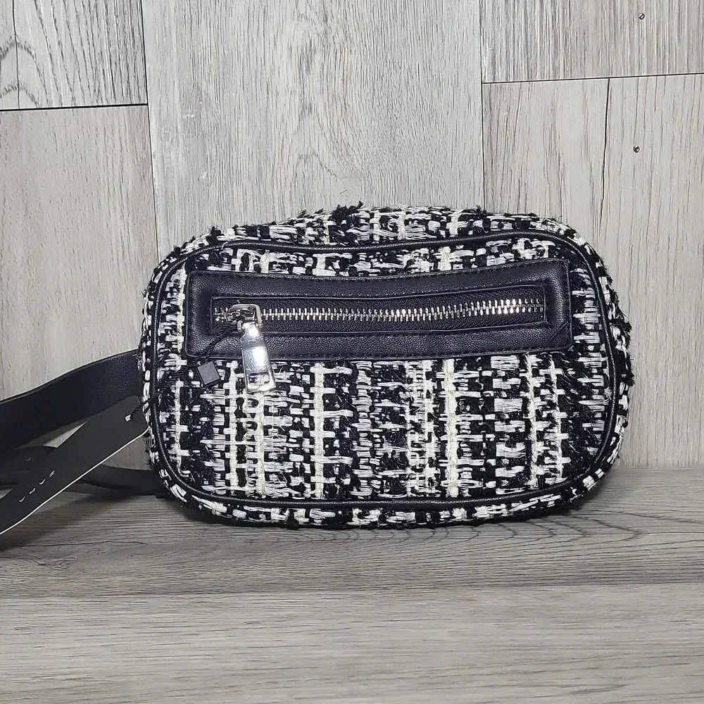 ZARA Black White Tweed Multi Pocket Belt‎ Bag Adjustable New With Tags